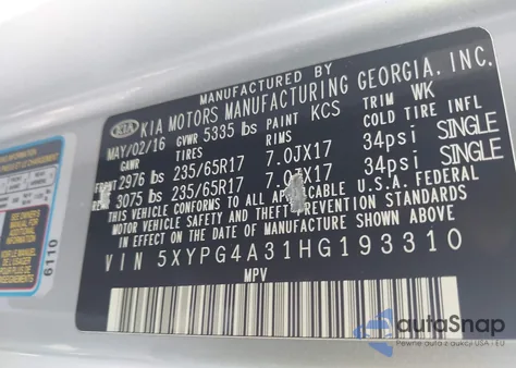 2017 Kia Sorento 2.4L Lx из США, поврежденный, VIN 5XYPG4A31HG193310